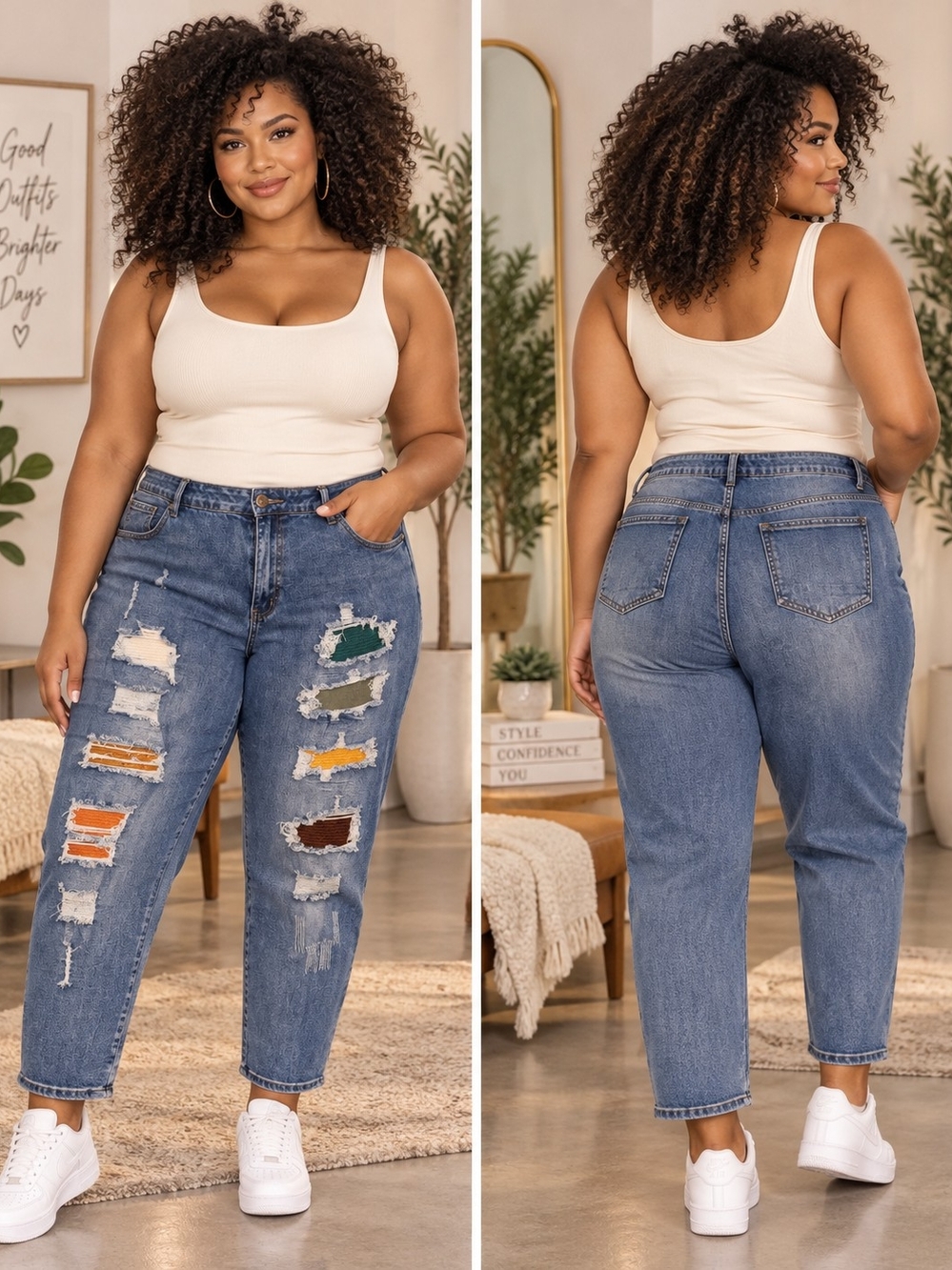 Ashley Stewart-Plus High-Rise Distressed Patch Mom Jeans - Blue